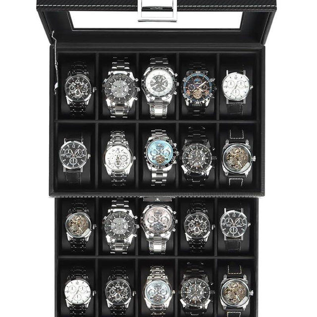Watch Case for Men, 20-Slot 2-Layer Watch Box with Large Glass Lid, Watch Storage Organizer with Removable Watch Pillows, Men's Jewelry Box with Lock, Watch Holder Display Case, Gift for Men Women