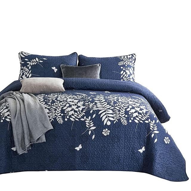 Wake In Cloud - Navy Blue Quilt Set, Gray Grey Floral Flowers Tree Leaves Modern Pattern Printed, Soft Microfiber Bedspread Coverlet Beddings (3pcs, Queen Size)