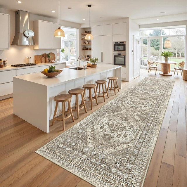 Restydon Runner Rug 2x10, Ultra-Thin Kitchen Rugs Non Slip Washable Rugs for Entryway Rug, Kitchen Runner Low Pile Vintage Soft Carpets for Living Room, Bathroom Bedroom (Brown,2'x10')