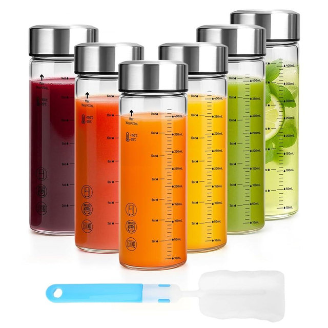 Luxfuel 16 oz Glass Juice Bottles with Lids - 6 Pack Wide Mouth Borosilicate Glass Water Bottles with Stainless Steel Lids for Juicing, Smoothies, Infused Water, Milk, Leakproof & Reusable, BPA-Free