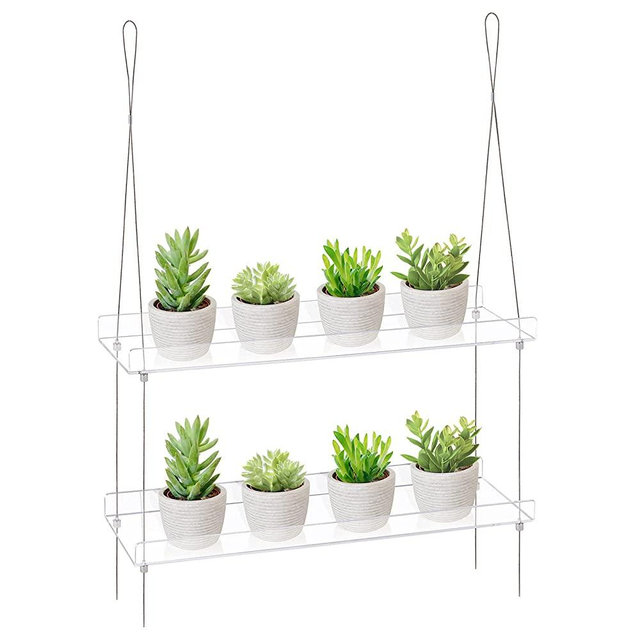 Sumerflos 2-Tier Acrylic Plant Shelves for Window of Kitchen, Bedroom, Living Room, 16 Inch Window Wall Flower Double Hanger Boxes, Height Adjustable Hanging Shelves for Indoor Plants, Succulents