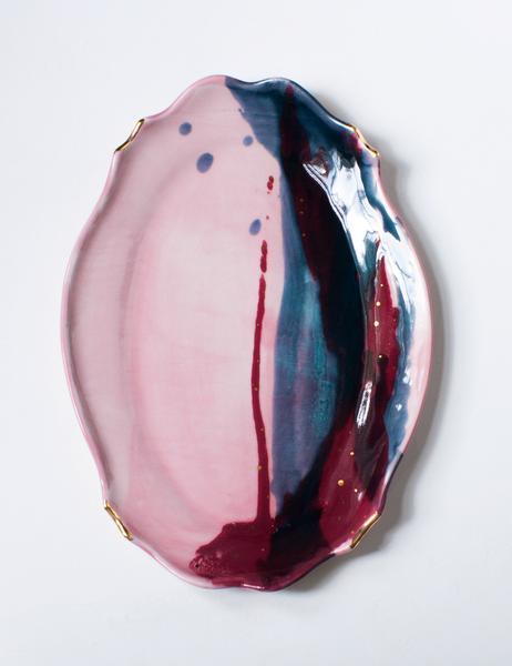 Baroque Platter in Rose Rhubarb and Aegean Blue with Gold Spots