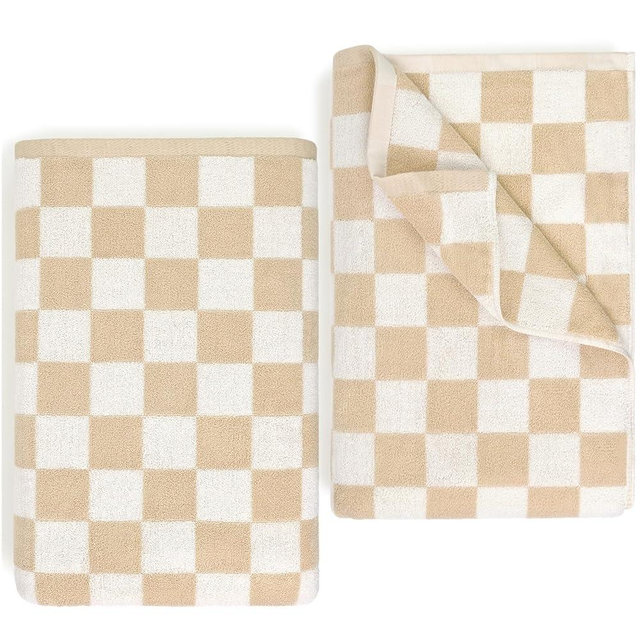 Jacquotha Checkered Beach Towels Set of 2 Oversized 35" x 70" (Sand) - Extra Large Quick Dry Cotton Bath Towels for Men, Women, Adults, Travel