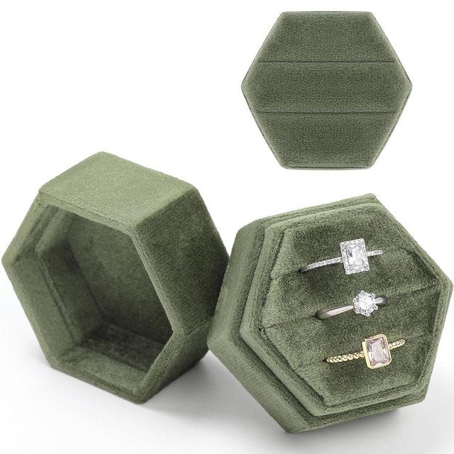 WantGor Velvet Ring Box, 2-in-1 Jewelry Ring Gift Box 3 Slots Hexagon Ring Storage Box or Double Ring Box Vintage Ring Display Holder Case for Wedding Ceremony Proposal Engagement (Olive Green)