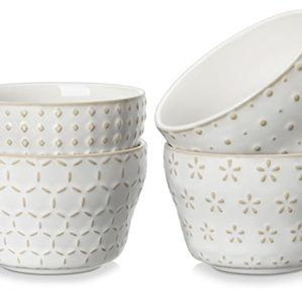 MALACASA Small Dessert Bowls 8 oz, Ice Cream Bowls, Dipping Sauce bowls,Ceramic Bouillon Soup Cups or Certain Side Dishes, Microwave & Dishwasher Safe, Set of 4, Arctic White, Series LYDIA