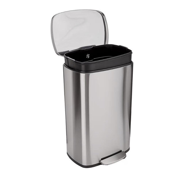 Amazon Basics Smudge Resistant Rectangular Trash Can With Soft-Close Foot Pedal, Brushed Stainless Steel, 50L/13.2 Gal, 16.7x14.7x25.9 in, Satin Nickel Finish