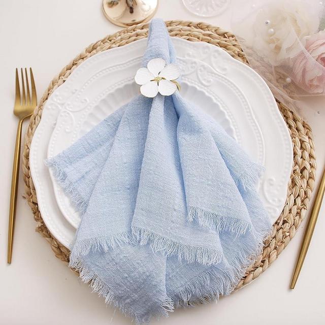 JINVASE Cloth Napkins with Fringe Set of 12,100% Soft Cotton, Gauze Washable Fall Napkins for Wedding Decorative Thanksgiving Dinner Parties Christmas,(16''*16'') Light Blue