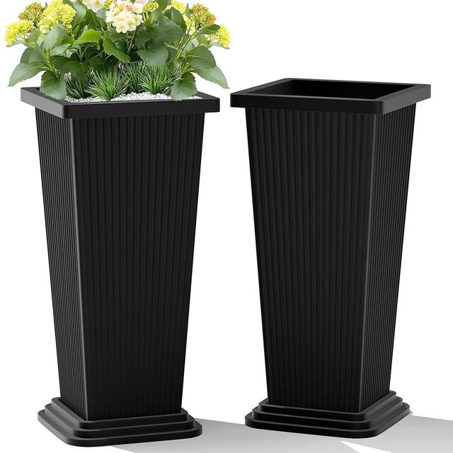TUYOHW Set of 2 Large Tall Planter for Indoor or Outdoor 24" Tall Flower Pots Tapered Tall Planters with Tray for Porch, Patio, Backyard, Large Planters for Outdoor Indoor Plants(Black,Striped)