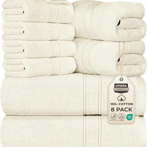 Utopia Towels 8 Piece Premium Towel Set, 2 Bath, 2 Hand, and 4 Wash Cloths, 600 GSM 100% Ring Spun Cotton, Highly Absorbent Towels for Bathroom, Gym, Hotel, and Spa, Ivory