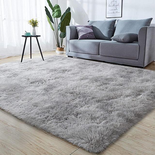 GKLUCKIN Shag Ultra Soft Area Rug, Non-Skid Fluffy 5'X7' Tie-Dyed Light Grey Fuzzy Indoor Faux Fur Rugs for Living Room Bedroom Nursery Decor Furry Carpet Kids Playroom