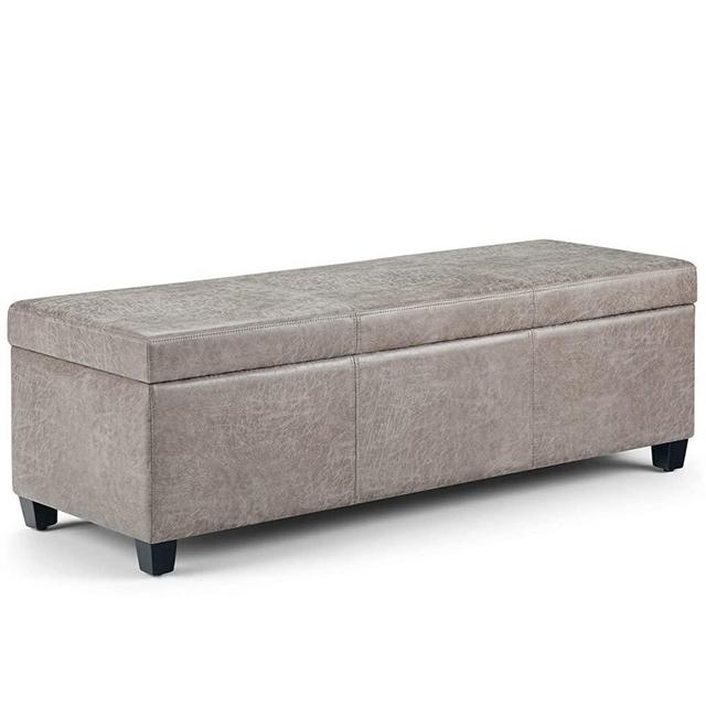 SIMPLIHOME Avalon 48 inch Wide Rectangle Lift Top Storage Ottoman Bench in Upholstered Distressed Grey Taupe Faux Air Leather with Large Storage Space for the Living Room, Entryway, Bedroom