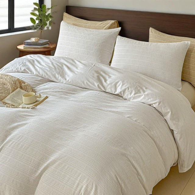 Simple&Opulence Linen Duvet Cover Queen Size, 3 PCS Natural Linen Cotton Blend Bedding Set with Striped Jacquard-1 Duvet Cover 2 Pillowcases, Luxury Bedding for All Season (White, 88" x 92")