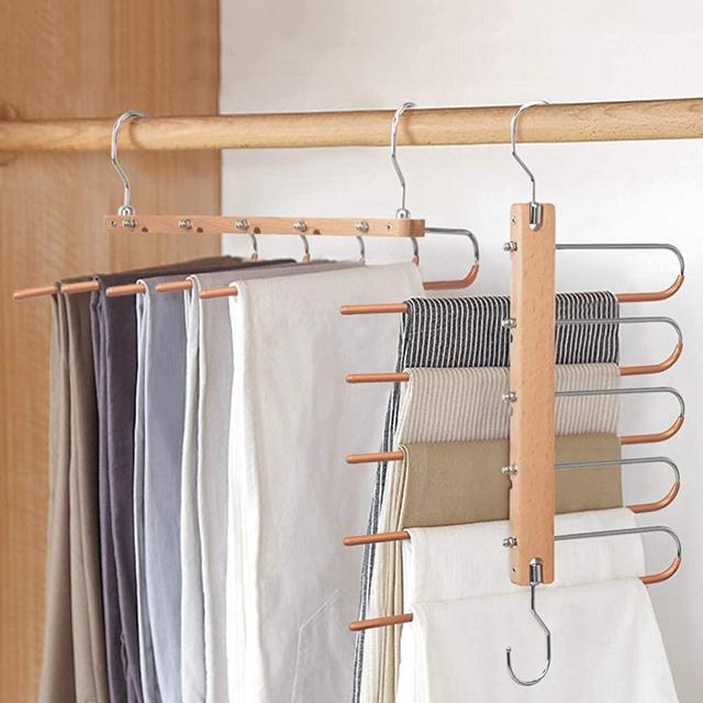 BILLKAQ Magic Pants Hangers, Space Saving Closet Hangers 5 Layers 2 Uses Multi Functional Pants Rack | Solid Metal & Wood Heavy Duty Wardrobe Organizer Racks for Clothes Trousers Scarves Ties