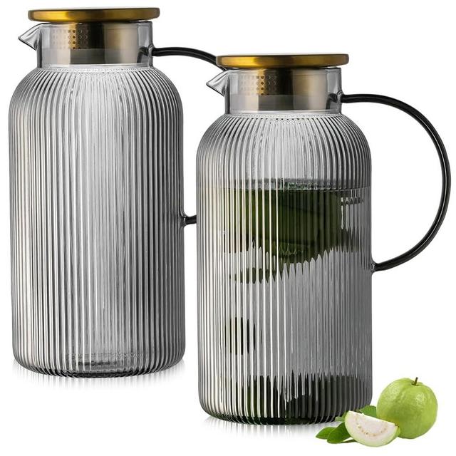 Buaic 2 PACK Glass Pitcher with Lid, 68 oz/ 2 Liter Gray Classic Vertical Stripes Water Pitcher,Glass Water Carafe for Cold Brew, Coffee, Lemonade, Iced Tea,Beverage, Heat Resistant Water Glass Jug