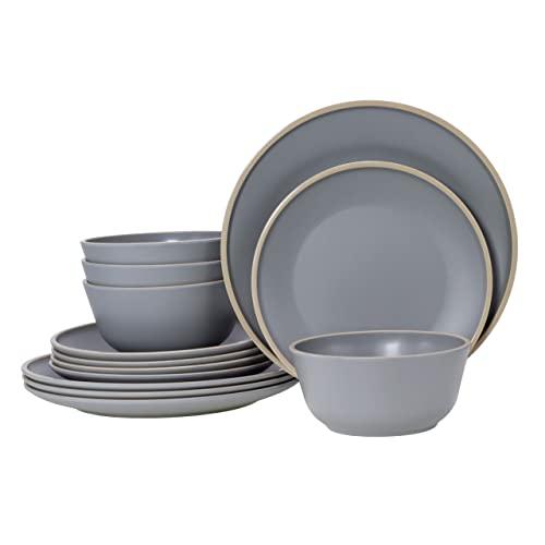 Gufaith Melamine Dinnerware Sets for 4,12 Piece Plates and Bowls Sets, Unbreakable BPA Free, Suitable Indoors And Outdoors (Dark Gray)
