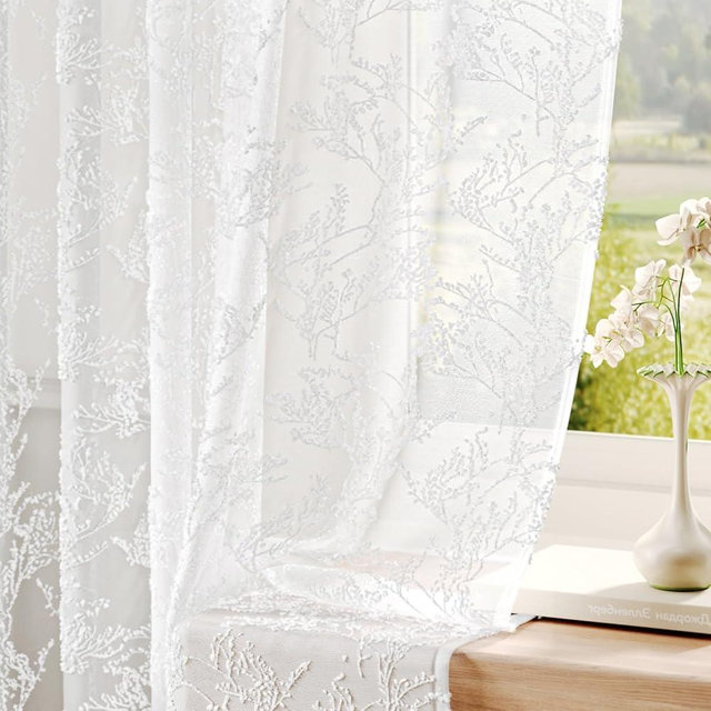Anmao 3D Textured Floral & Leaves Pattern Semi-Sheer Lace Curtains 84 Inches Long 2 Panels Set- Rod Pocket Light Filtering Drapes with Privacy for Living Room & Bedroom, (52" W x 84" L), White