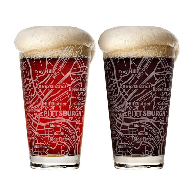 Greenline Goods Beer Glasses - 16 oz Drinkware Set for Pittsburgh lovers - Set of 2 - Etched with Pittsburgh, PA Map - Premium Decorative Glassware