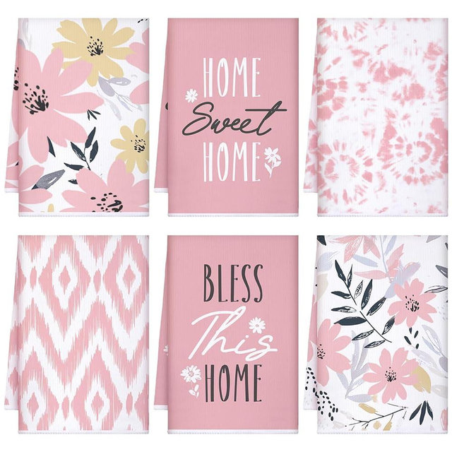 Bencailor 6 Pack Decorative Kitchen Towels Sets Hand Dish Towels Farmhouse Funny Southwest Aztec Rose Design Bathroom Tea Cloth for Home Supplies 16" x 24"(Pink Color,Romantic Style)