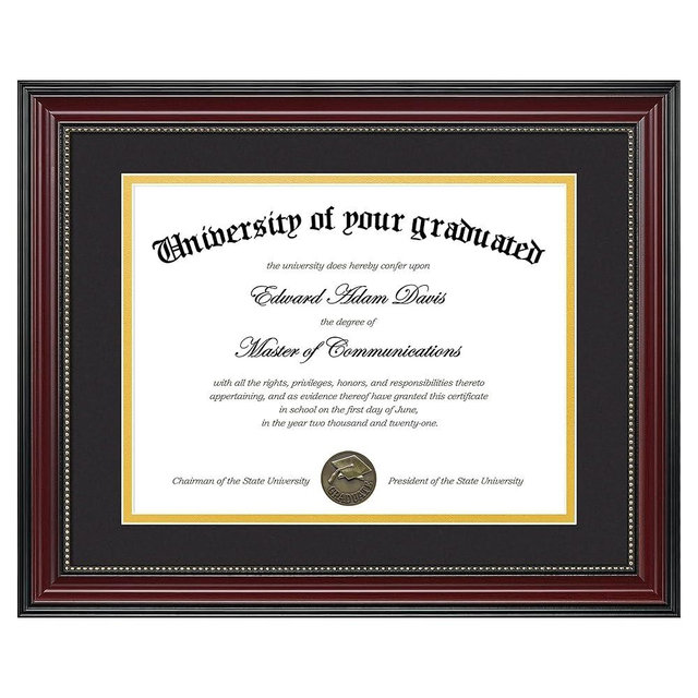 upsimples Diploma Frame 8.5 x 11 with Mat or 11x14 without Mat, Certificate Degree Document Frame, Classic Wood Grain with Gold Beading, Includes Black & Gold Mats, Graduation Gifts, 1 Pack