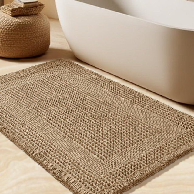Waffle Bath Mat, Boho Woven Modern Bath Rug Absorbent Non Slip, Ultra Soft Bathroom Mats, Machine Washable Knit Bath Rugs with Tassels for Bathroom, Bedroom, Kitchen, Shower, Tub, Beige, 36"x24"