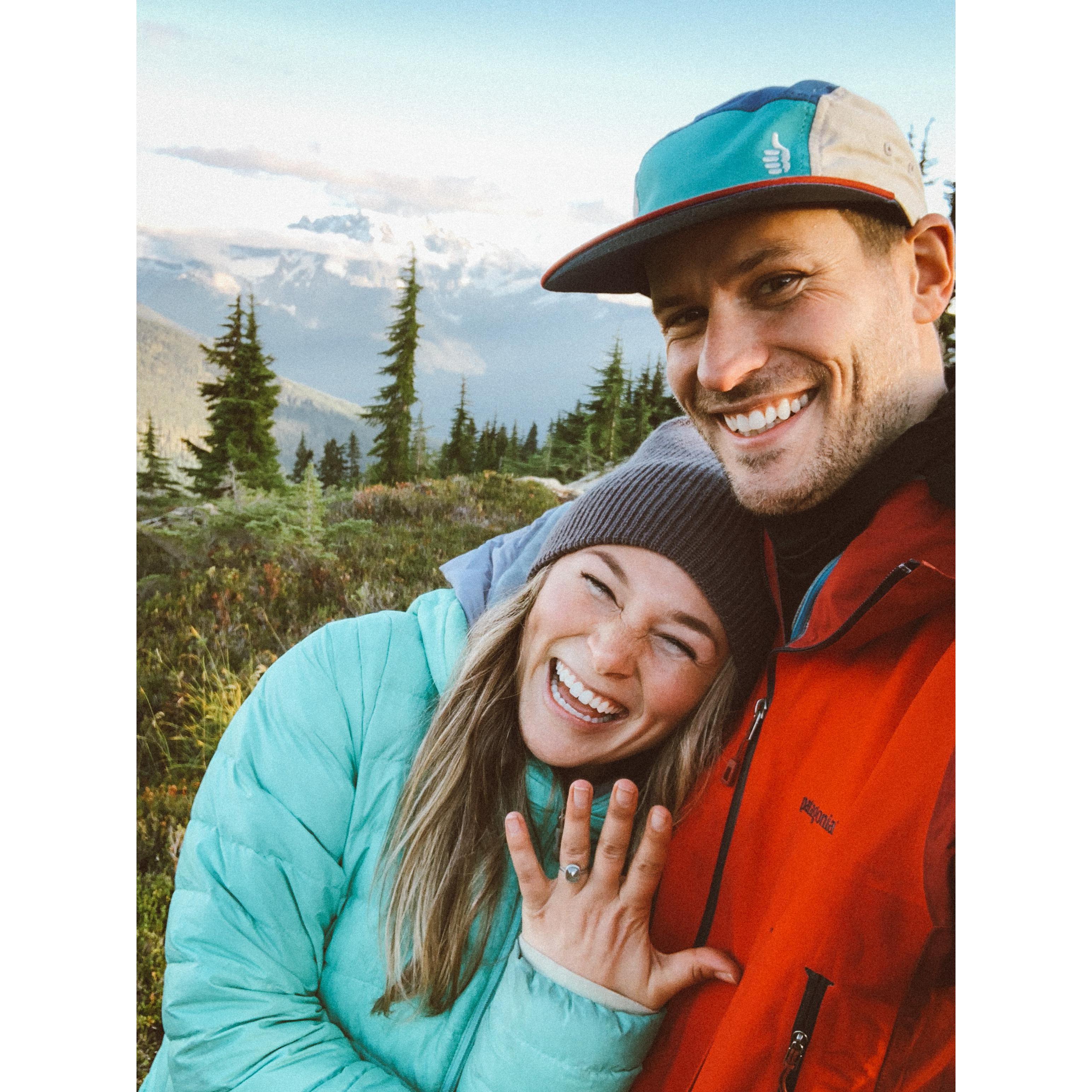 We're doin it! Moments after popping the question in the Mount Baker wilderness!