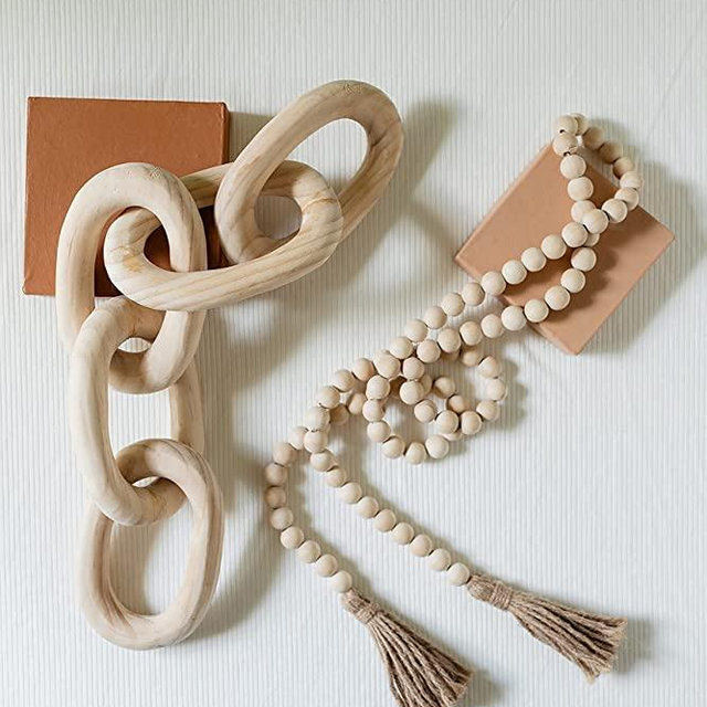 Decorative Wood Link Chain and Bead Garland Set | Hand Carved Pine Wood Chain Decor | Modern Farmhouse Decor Set | Aesthetic Room Decor | Boho Decorations for Living Room Bedroom Entryway | Natural