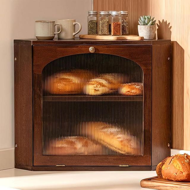 CheerNest Solid Wood Corner Bread Box for Kitchen Countertop, Double Layer Large Bread Storage Container for Homemade Bread, Adjustable Shelf & Arched Window, Vintage Farmhouse Corner Breadbox, Brown
