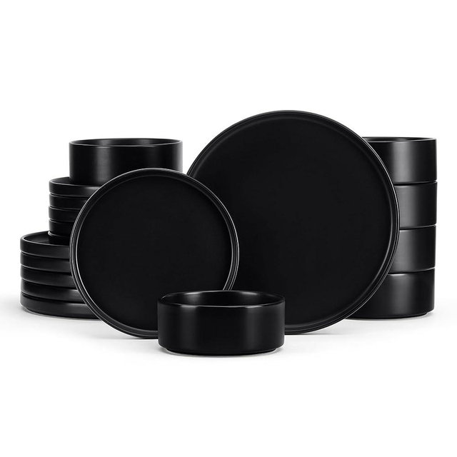 E-far Black Dinnerware Sets for 6, 18-Piece Stoneware Plates and Bowls Dish Set, Modern Kitchen Dinning Dishware, Chip and Scratch Resistant, Microwave & Dishwasher Safe, Matte Black