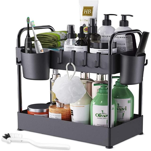 Under Sink Organizers and Storage, 2 Tier Bathroom Organizer Under Sink with 6 Hooks & 2 Hanging Cups , Multi-purpose Under Bathroom Sink Storage, Under Sink Shelf Organizer Rack for Kitchen,Bedroom,Cabinet,Cosmetics,Narrow Space