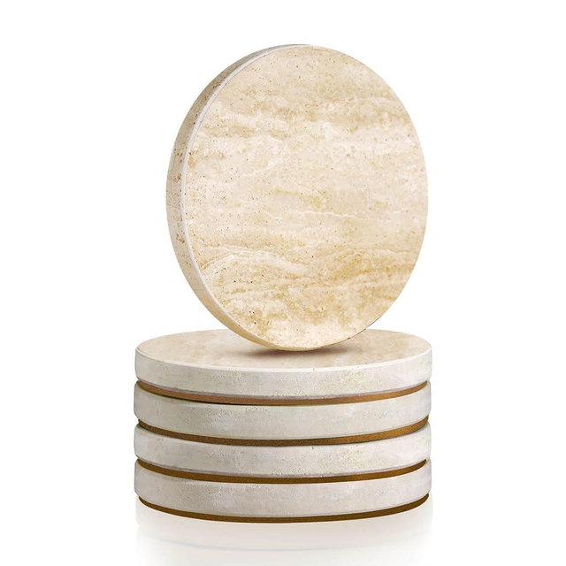 MISTOD 5-Piece Travertine Stone Coasters for Drinks – Absorbent Natural Marble Style Cup Mats with Cork Backing – Modern Beige Round Coaster Set for Wooden Table Protection & Home Decor