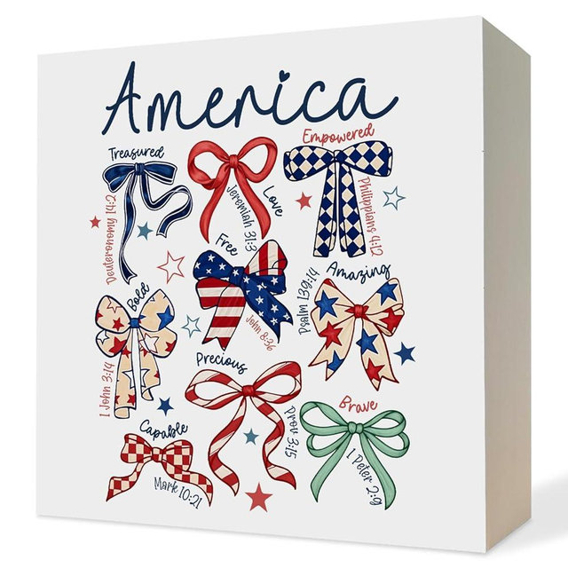 ATBWGT Independence Day American Flag Coquette Bows Wooden Box Sign Desk Decor,4th of July Independence Day Patriotic Wood Block Plaque Signs for Home Office Desk Table Shelf Decor, 5x5 Inch