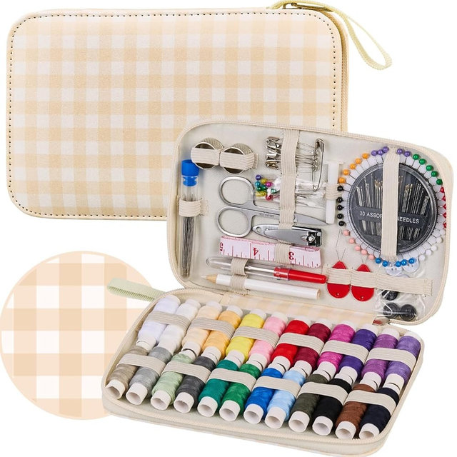 Travel Basic Sewing Kit with Checkered Pattern Sewing Set | Professional 130PCS Sewing Supplies Heavy Duty Needles Kit Printing Sewing Kit for Adults & Beginners Emergency, Home