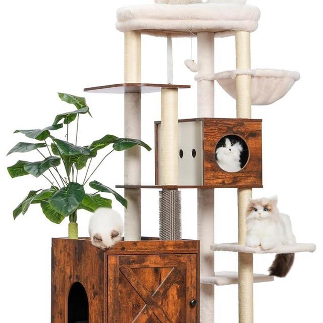 Gitelsnour Cat Tree with Litter Box Enclosure, Large Wooden cat Tower cat condo for Indoor Cats with Play Garden (Leaf, Lawn, Hair Rubbers), Modern Cat House, Rustic Brown GCT110SR