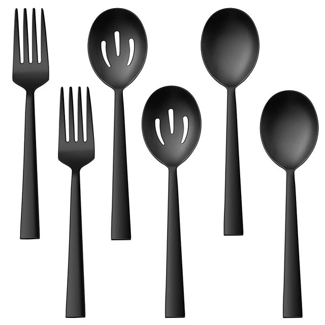 Matte Black Serving Utensils Set of 6, E-far Stainless Steel 8.7 Inch Hostess Serving Set with Square Edge, Metal Serving Slotted Spoons Forks for Party Buffet Catering, Dishwasher Safe