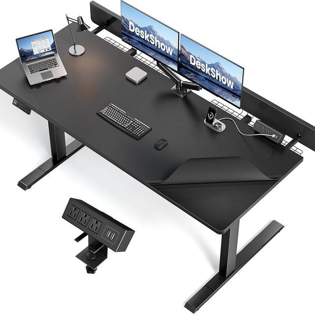 Electric Standing Desk Adjustable - 60 x 30 Inch Sit Stand Desk with Flip-Top Cable Management,Mouse Pad,Clamp Power Strip,Dual-Beam Frame,3 Memory Preset Height Adjustable for Home Office