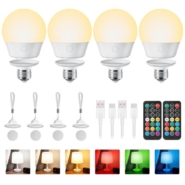 Brightown E26 Rechargeable Light Bulb with Remote and Timer, Battery Backup Bulb for Sconces and Lamps, E26 Detachable Charging for Non-Hardwired Fixture, 3 Color Temperatures + 9 RGB Colors, 4 Pack