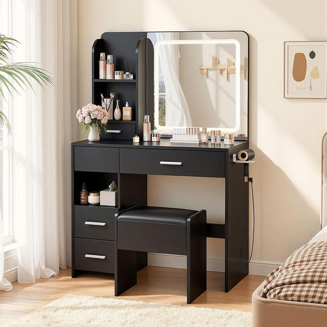 Otterease Vanity Desk with Mirror and Lights, 3 Lighting Colors and Power Outlet Makeup Vanity Desk with 5 Large Drawers and 3 Storage Shelves, Vanity with Storage Stool for Bedroom, Black
