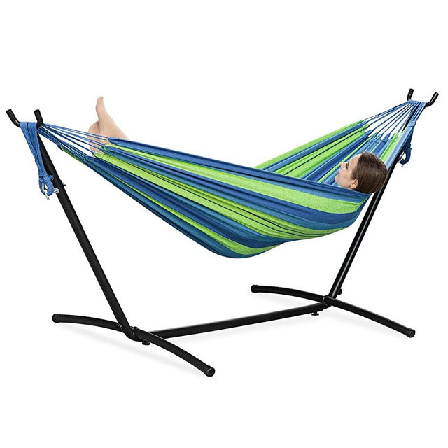 PNAEUT 2-Person Hammock with Space Saving Steel Stand Garden Yard Outdoor 450lb Capacity Double Hammocks and Portable Carrying Bag (Blue)