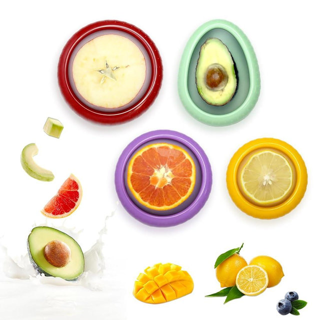 AWLGAK Avocado Saver and Onion Holder -Set of 4 Reusable Fruit and Veggie Savers for Fridge - BPA-Free, Prevent Flavor Mixing, Keep Fresh (Cyan, Purple, Red And Yellow)