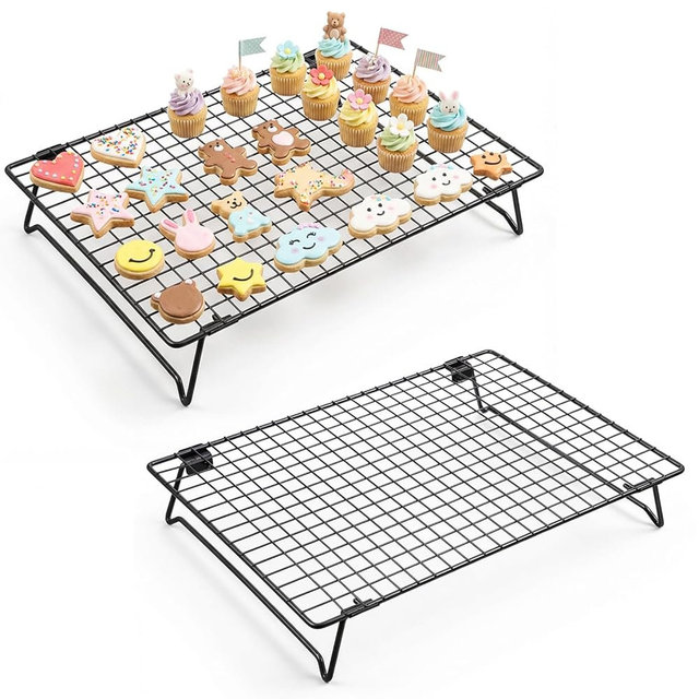 Kifmurase 2PCS Stackable Cooling Rack for Baking, 13.3 x 9.3 Inch Carbon Steel Wire Rack with Folding Legs for Cookie Cake Pizza Jerky, Multi-Use Bread Oven Racks for Cooking Roasting Drying Grilling