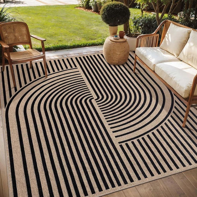 Tangsoo Rainbow Easy Jute Rug 5x7 Large Washable Area Rug for Living Room,Black Non-Slip Thin Outdoor Rug,Modern Farmhouse Indoor Carpet for Dining Room Table Bedroom Patio