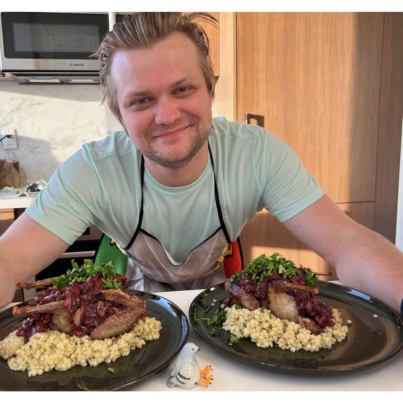 Henry loves to experiment in the kitchen. We've loved creating unique dishes with ostrich, elk, gator, rabbit, squab, and octopus. We never turn down the chance to try something new!