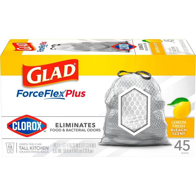 Glad ForceFlexPlus with Clorox Tall Kitchen Drawstring Trash Bags - Lemon Fresh Bleach Scent -13 Gallon - 45ct