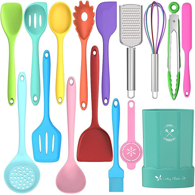 Silicone Kitchen Utensils Set, 16-Piece Silicone Cooking Utensils by Deedro, Heat Resistant Kitchen Tools Set with Holder, Nonstick Spatula Kitchen Gadgets for Cooking & Baking, Colorful