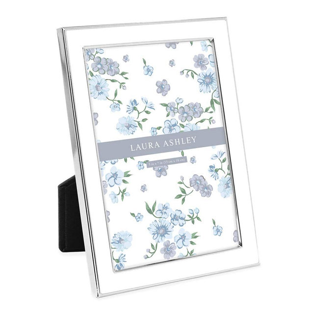 Laura Ashley 5x7 White Enamel Picture Frame, Silver Metal Edge with Easel, for Countertop, Counterspace, Tabletop Display, Bookshelf, Desk, Wall Décor, Photo Gallery