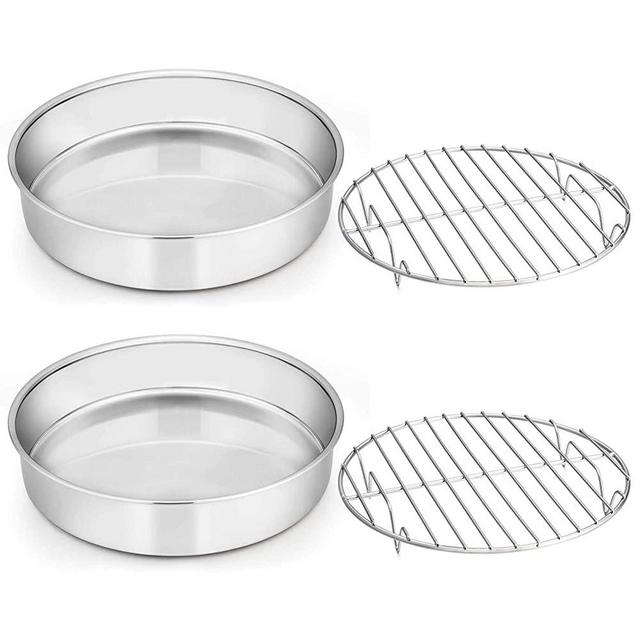 Round Cake Pan with Rack Set, E-far 9½-inch Stainless Steel Cake Pans and Baking Cooling Racks, Non Toxic & Healthy, Mirror Polished & Dishwasher Safe - 4 Pieces (2 Pans + 2 Racks)