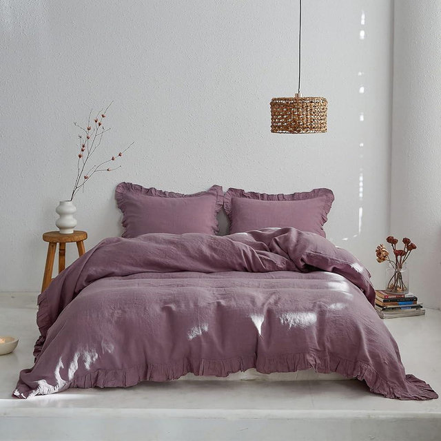 Simple&Opulence 100% Linen Frill Farmhouse Duvet Cover Set,Queen Size (88''x92''), 3 Piece Belgian Flax Bedding(1 Comforter Cover+2 Pillowshams) with Ruffled Edges, Soft and Breathable, Purple