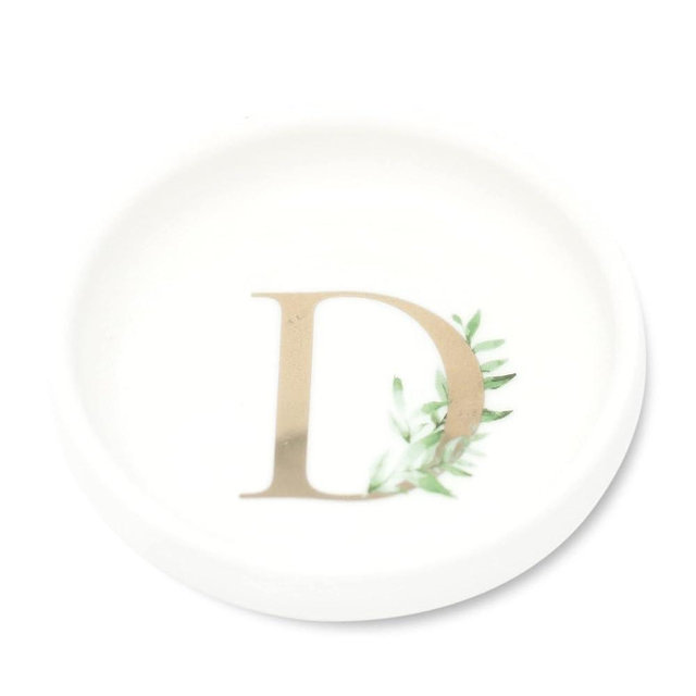 Trinket Tray Ring Dish with Personalized D in Gold Foil and Greenery - White Ring Dish - Monogrammed Trinket Dish or Jewelry Bowl - Cedar & Ink (D)