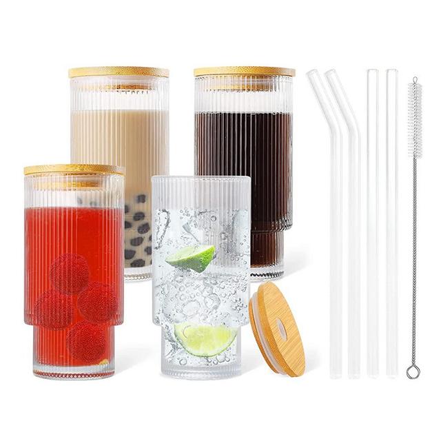 DoceMora Ribbed Glass Cup with Bamboo Lids and Glass Straws Set of 4, Fluted Vintage Ripple Clear Glassware, Origami Style Drinking Glasses for Juice, Beer, Coffee, Tea and Cocktail (11 oz)