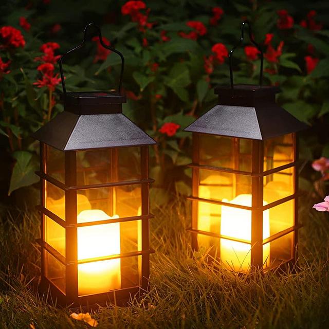 2 Pack Solar Lantern, Ulmisfee Outdoor Garden Hanging Lantern-Waterproof LED Decorative Plastic Flickering Flameless Candle Mission Lights for Table, Outdoor, Party (Black)